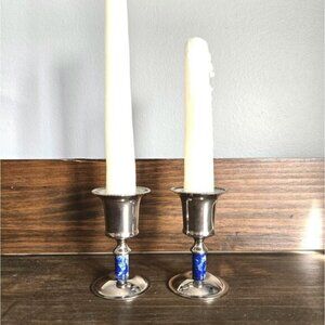Silver Candlestick Holders w Sodalite Stems Vintage Royal Blue Gemstone Decor